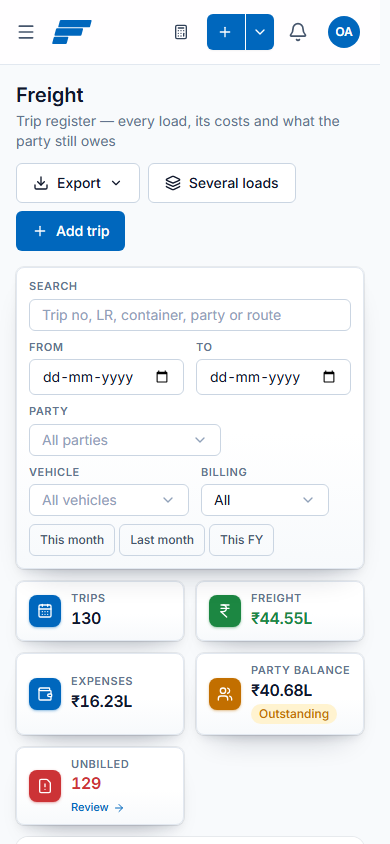The trip register on a phone.