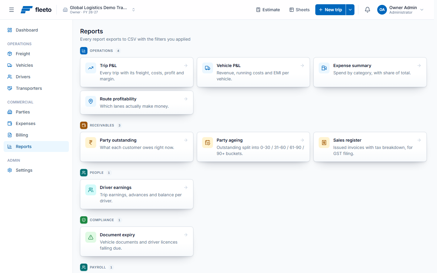 The reports hub, listing trip P&L, vehicle P&L, route profitability, party outstanding, ageing, sales register, driver earnings and document expiry.